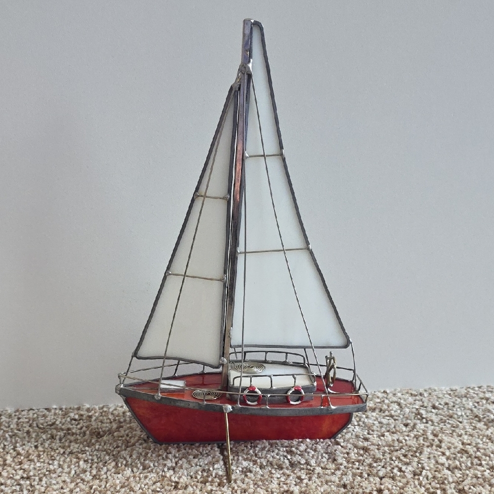 Stained Glass Sailboat Art Decor - Red and White